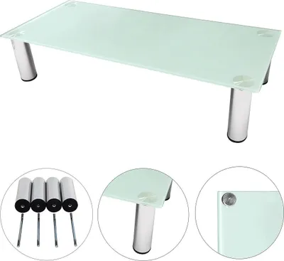 A glass TV and monitor stand with chrome legs, shown from multiple angles.