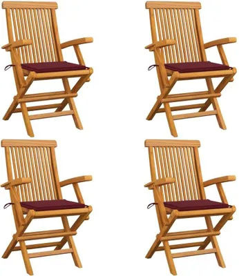 Produktbild von Gartenstühle mit Weinroten Kissen 4 Stk. Massivholz Teak