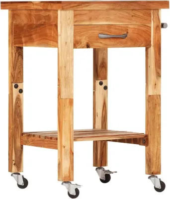 Produktbild von Küchenwagen aus Akazienholz 55x55x89 cm | Mit Schublade und Handtuchhalter, 4 Rollen, davon 2 feststellbar, im Vintage-Stil