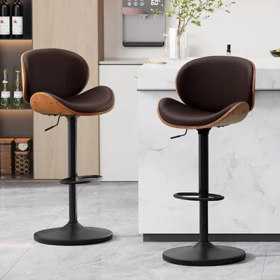 Produktbild von Barhocker 2er Set, höhenverstellbar, Kunstleder & Massivholz, drehbar, braun