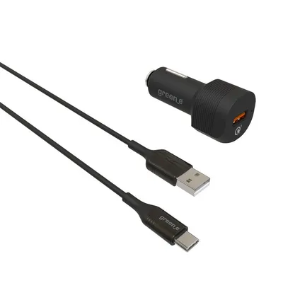 Produktbild von Greene, Autoladegerät QC 3.0 USB 3A Zigarettenanzünder mit Kabel USB-A zu USB-C 1,3M, Schwarz