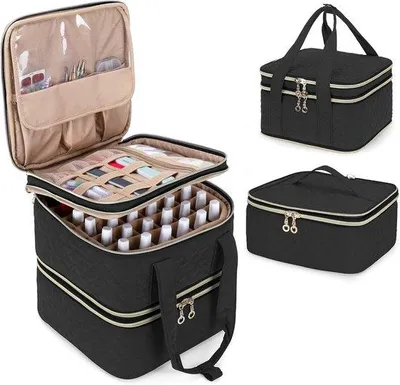 Produktbild von Famanu Nagellackorganizer mit 2 verstellbaren Fächern - 72 Flaschen - abnehmbarer Aufbewahrungskoffer - schwarz