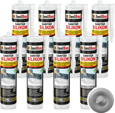 Produktbild von Isolbau Sanitär Silikon 8 x 300 ml Grau - Hochelastischer Silikon-Dichtstoff für Abdichtungen & Fugen – Schimmelresistent, wasserdicht -  Kartusche