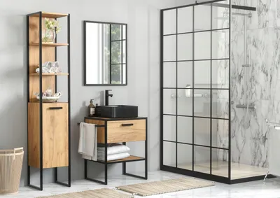 Produktbild von Easy4You Set Gold-Eiche Metallrahmen: Unterschrank BY 70 cm mit Schublade + Seitenschrank 35x185 cm mit Ablagen Badschrank Badezimmerschrank Badmöbel-Set