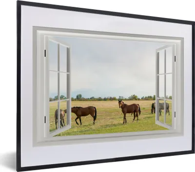 Produktbild von MuchoWow® MuchoWow® Gerahmtes Poster Aussicht - Pferde - Gras 40x30 cm - Poster mit zchwarzem Bilderrahmen - Bilderrahmen - Poster im Rahmen