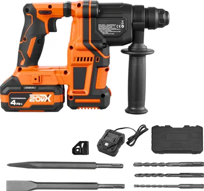 Obrázek produktu pro SucceBuy akumulátorová příklepová vrtačka 13/16" SDS-Plus, 20 V, bezkartáčová s nabíječkou, 3 vrtáky, plochým a špičatým sekáčem a přepravním kufříkem, vhodná do betonu a zdiva, černo-oranžová