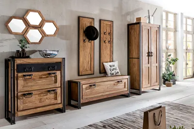 Produktbild von SIT Möbel Dielen-Set 6-tlg. | 2 Schuhschränke, 2 Garderobenpaneele, 4 Spiegel, 1 Schrank | Akazie natur + Altmetall antikschwarz | B 85 x T 45 x H 180 cm | 18000-43 | Serie PANAMA