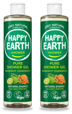 Imagen del producto de 2 unidades de gel de ducha Happy Earth – Bergamota y cedro – 300 ml – Paquete económico