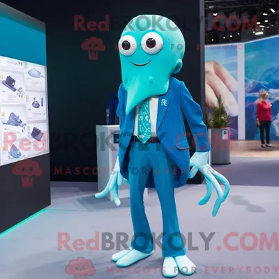 Produktbild von Cyan REDBROKOLY Squid Maskottchen Kostüm Figur bekleidet mit Blazer und Fußkettchen