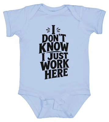 Productafbeelding van Ik weet het niet, ik werk hier maar. Lustig Arbeit, kantooruiting, sarcasme. Babybody, lichtblauw, maat 12/18