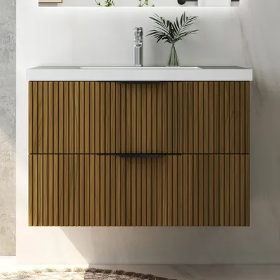 Produktbild von Waschtisch mit Unterschrank 80cm RIVA Badmöbel Set Walnussbraun Waschbecken mit Unterschrank Softclose