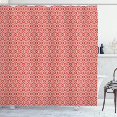 Image de ABAKUHAUS Rideau de douche géométrique, hexagones et étoiles dans des tons chauds Motifs géométriques Design moderne, 175 x 180 cm, vermillon et blanc