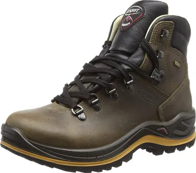 A single brown hiking boot is shown against a white background.