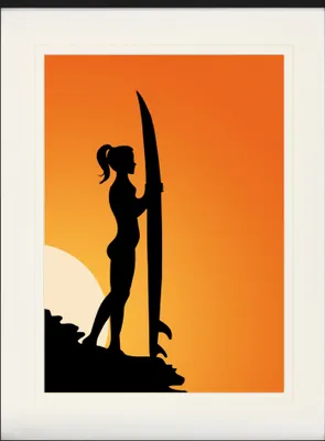 Produktbild von Schöne Frauen Gerahmtes Bild Mit Edlem Passepartout | Wand-Bilder | Im Bilderrahmen - Surferin Silhouette Bei Sonnenuntergang (80 x 60 cm)