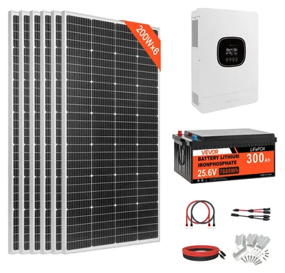 Obrázek produktu pro Kompletní solární systém VEVOR 1200W, autonomní solární systém, včetně 6 kusů monokrystalických solárních panelů o výkonu 200W, 25,6V, 300Ah, LiFePO4 baterie a střídače 24V, 3000W. Fotovoltaický systém pro skleník nebo domácnost