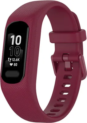 A close-up studio shot of a burgundy Garmin Vivosmart 5 fitness tracker on a white background.