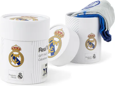Two cylindrical gift boxes for Real Madrid socks, one open with socks inside, and one closed with a lid.