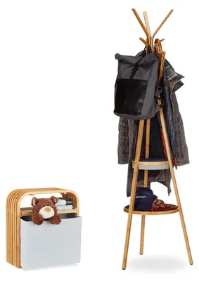 Produktbild von 2 tlg. Garderoben-Set, Garderobe mit Ablage, Hocker mit Aufbewahrung, aus Bambus, Kleiderständer, Sitzhocker, natur/grau