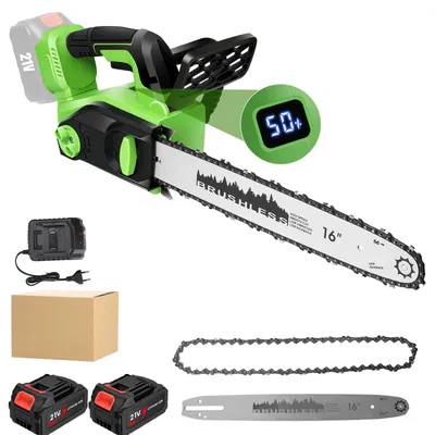 Obrázek produktu pro Řetězová pila – aku pila – bezkartáčový motor – 40,6 cm pilový řetěz – automatické mazání řetězu – 2 baterie