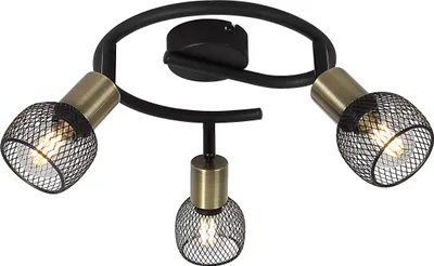 A black and gold ceiling light with three adjustable spotlights, each covered by a black mesh shade.