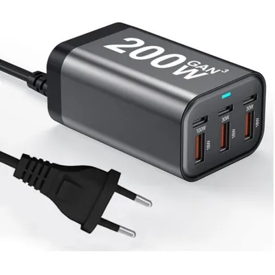 Productafbeelding van 200W GaN snellader met EU-stekker – 6 poorten (3x USB-C + 3x USB-A) – PD snellader, oplader voor bureaugebruik, geschikt voor MacBook, laptop, iPhone, Samsung, tablet