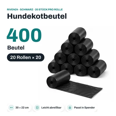 Produktbild von RIVEN24 Hundekotbeutel schwarz, 400 Beutel (20 Rollen × 20), 30 × 22 cm, Kotbeutel für Spender