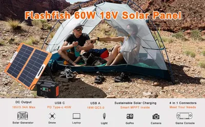 Obrázok produktu pre Skladacie solárne panely - TSP18V - 60 W - Prenosné - Výstup DC - Dva USB porty - Vhodné na kempovanie a outdoorové aktivity
