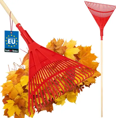 Obrázek produktu pro KOTARBAU® Hrabací hrábě z plastu 50 cm s dřevěnou rukojetí 1,5 m Extra Click Hrabací hrábě Hrabací hrábě na podzimní listí a stříhané keře Zahradní hrábě z plastu Červené a lakované dřevo