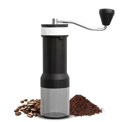Obrázek produktu pro Ruční mlýnek na kávu pro domácí použití, 40stupňový nastavitelný mlýnek na espresso s průhlednou nádobou, dvojité polohování ložisek s dlouhou ruční klikou, přenosný mlýnek na kávu pro kempování