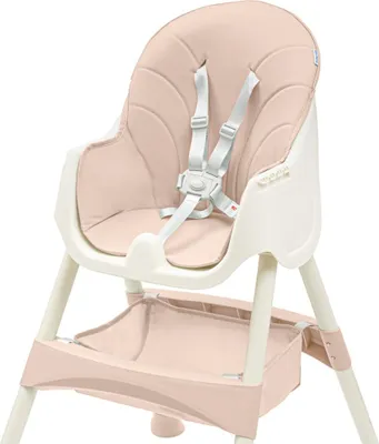A baby high chair with a pink cushion and straps, shown against a white background.