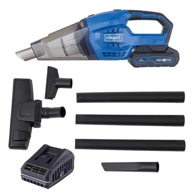 Zdjęcie produktu dla Bezprzewodowy odkurzacz ręczny Scheppach C-HVC150-X - 20V | pojemność 560ml | filtr plisowany klasy F9 | moc ssania 10kPA | w zestawie akumulator i ładowarka