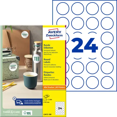 Produktbild von Avery Zweckform L3415-100, Runde Etiketten, A4, ? 40 mm, 2.400 Etiketten / 100 Bögen, weiß