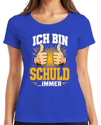 Productafbeelding van "Ik ben schuldig, altijd grappig. Sarcastische uitspraak. Kantoorhumeur. Dames T-shirt, blauw, XXL."