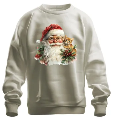 Productafbeelding van Kerstman-kattenmotief, hulst, dennennaalden, kegeltjes, kerst, uni sweatshirt, trui, natuur, maat S