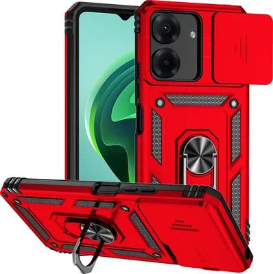 Produktbild von Redmi 13C Hülle mit Schiebe Kamera Schutz und Ringhalter Ständer Schutzhülle für Xiaomi Redmi 13C /Poco C65 Rot