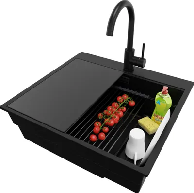 Produktbild von PRIMAGRAN Granitspüle Alles Schwarz 58x53cm, Spülbecken 1 Becken + Ablauf-Set + Küchenzubehörset, Küchenspüle ab 60er Unterschrank - Oslo Max