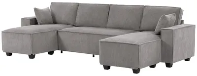 Obrázok produktu pre HOMCOM Rohová pohovka 311 cm, 4-miestna pohovka s dvojitými ležadlami, vankúše, svetlosivá