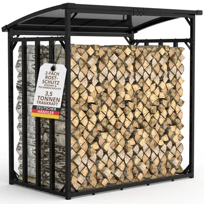 Obrázok produktu pre Dizajnový regál na palivové drevo vonkajší kovový so strechou 185x105x185cm, 1m hlboký, pozinkovaný čierny, 4x4cm profily, nosnosť 3t, polená 25cm