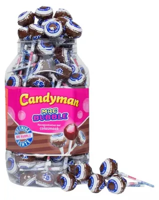 Zdjęcie produktu dla Mister Bubble Knotsen z nadzieniem z gumy balonowej o smaku coli, 100 sztuk w opakowaniu (lizaki o smaku coli z nadzieniem z gumy balonowej)