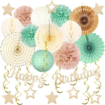 Immagine prodotto di Set di decorazioni per feste, color salvia, beige e bianco, composto da 29 pezzi, ideale per compleanni e anniversari