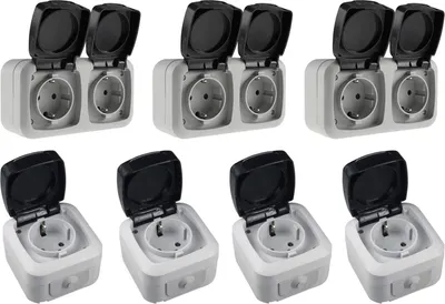 Produktbild von Feuchtraum Steckdosen 1-fach 2-fach IP44 250V AC Aufputz Set 7 teilig