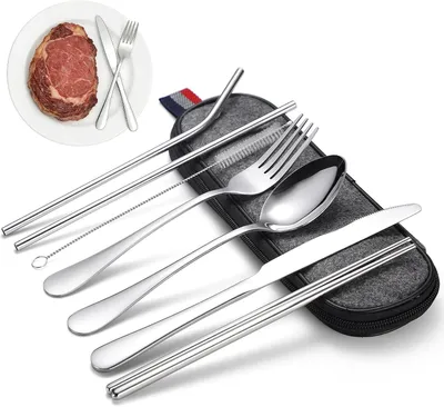 Produktbild von Camping Besteckset 7-teilig, Edelstahl, mit Tasche, für Outdoor