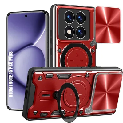 Image de Coque pour Xiaomi Redmi Note 15 Pro Plus 5G, avec Protection Caméra et Anneau Rotatif - Rouge
