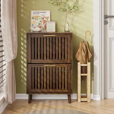 Produktbild von AIORBER Schuhschrank 60 cm mit 2 Klappfächern, Wellenfront, Metallgriffen, Kippschutz & offenem Fach Walnuss