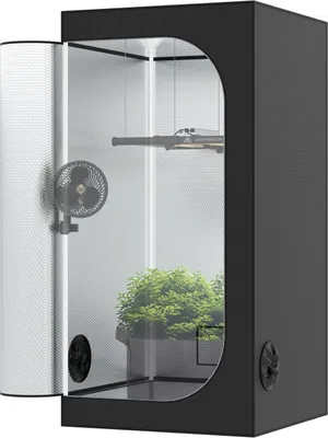 A grow tent with a plant inside, a fan, and a grow light.