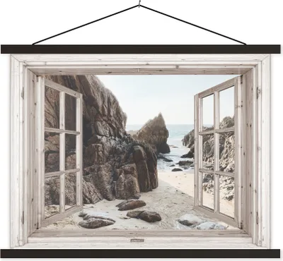 Produktbild von MuchoWow® Textilposter Durchblick - Holz - Strand 60x45 cm mit schwarzem Rahmen - Poster Schlafzimmer