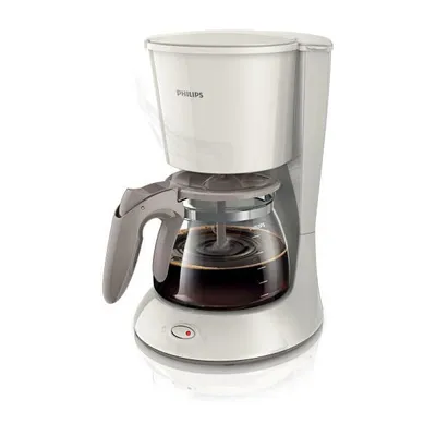 A white Philips coffee maker with a glass carafe filled with coffee, set against a white background.