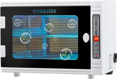 A white UV sterilizer machine with a glass door showing blue UV lights and some bubbles with leaves inside.