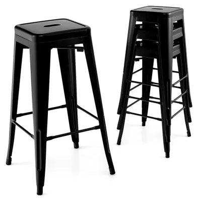 Produktbild von Barhocker Set mit 4 Stück, stapelbare Barstühle mit Fußstützen, Esshocker aus Eisen, Küchenhocker bis 150 kg belastbar, Bistrostuhl für Zuhause, Bar, Café (Schwarz, Sitzhöhe 76 cm)
