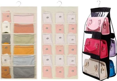 Produktbild von Famanu Handtaschen-Organizer, hängend, schwarz, atmungsaktiv, 30 Fächer, doppelseitig, für Handtaschen und Unterwäsche